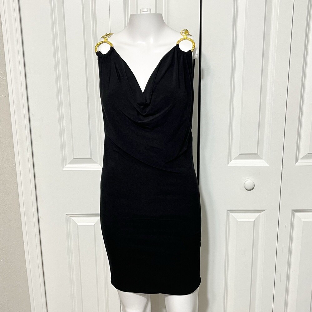 Cache Y2K Mini Dress XS Black Cowl Neck Medusa Gold Hardware Draped Cocktail USA